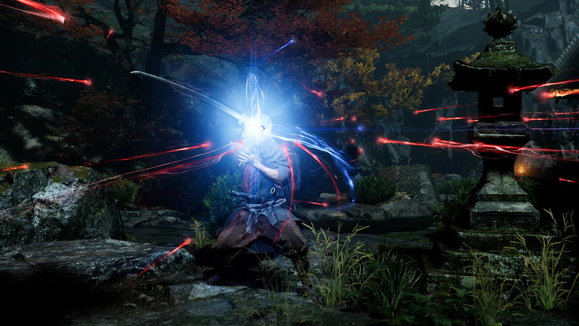 Official gameplay screenshot showing soul effects around Musashi