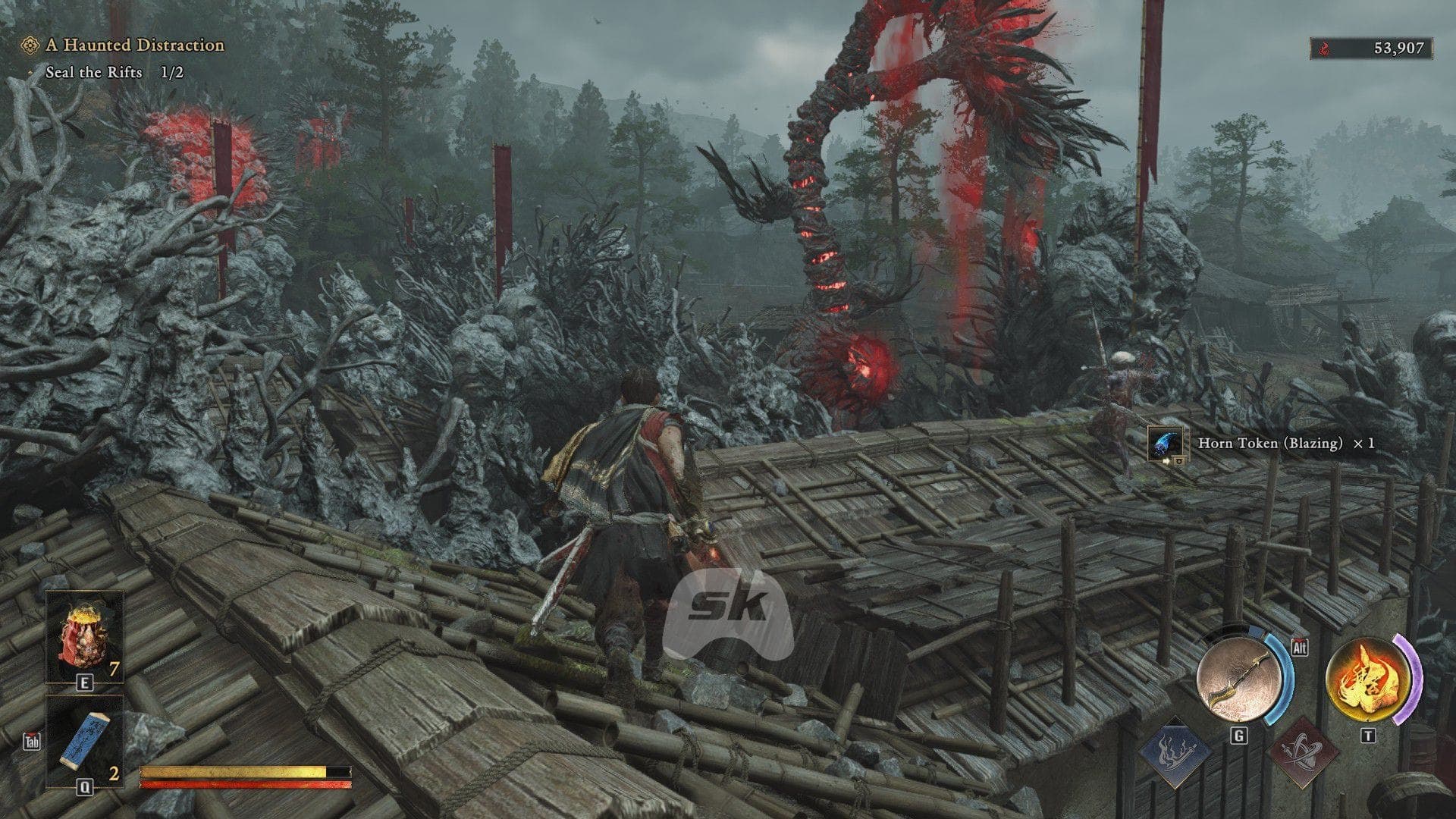 Musashi following the rooftop route toward the second rift in A Haunted Distraction
